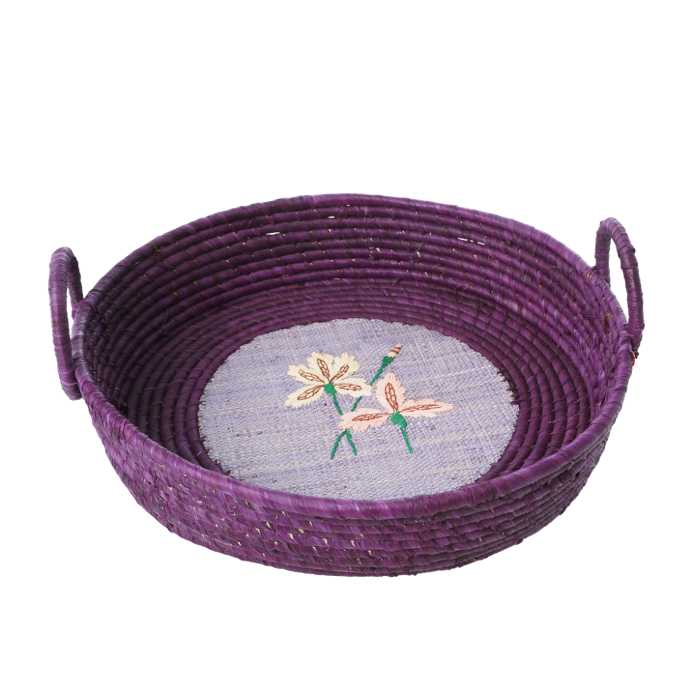 Round Raffia Bread Basket Purple Embroidered Iris Rice DK